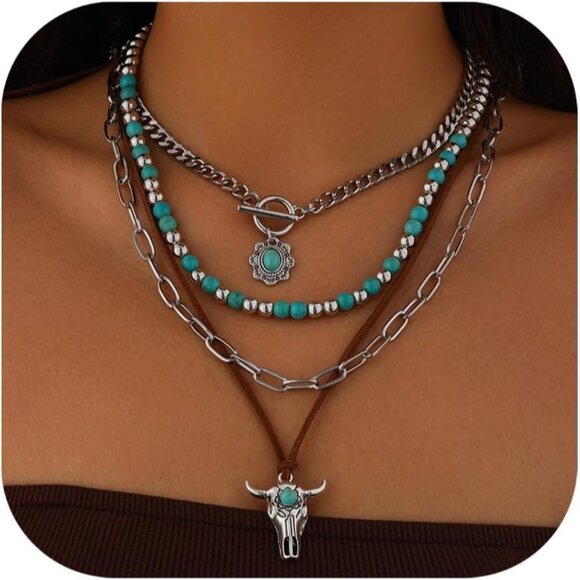 Jewelry - Women's Vintage Western Turquoise Beaded Western Cactus Cross Chain Necklaces